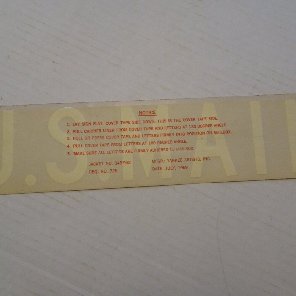 USPS Mail Mailbox Decal - Vintage - Req No. 726 July 1969 - 3.5" x 14.5" - New